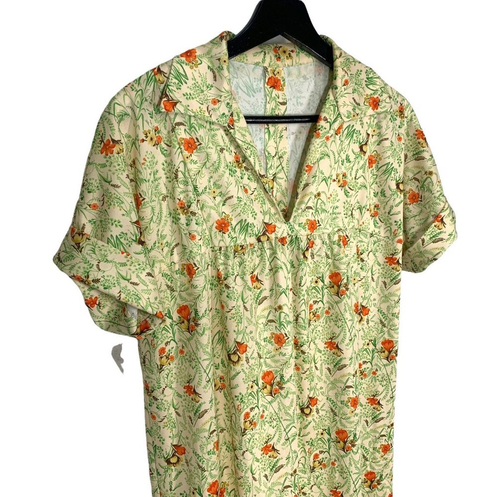 Vintage 60s Cream Handmade Short Sleeve Flora House Dress Large - Picture 2 of 6